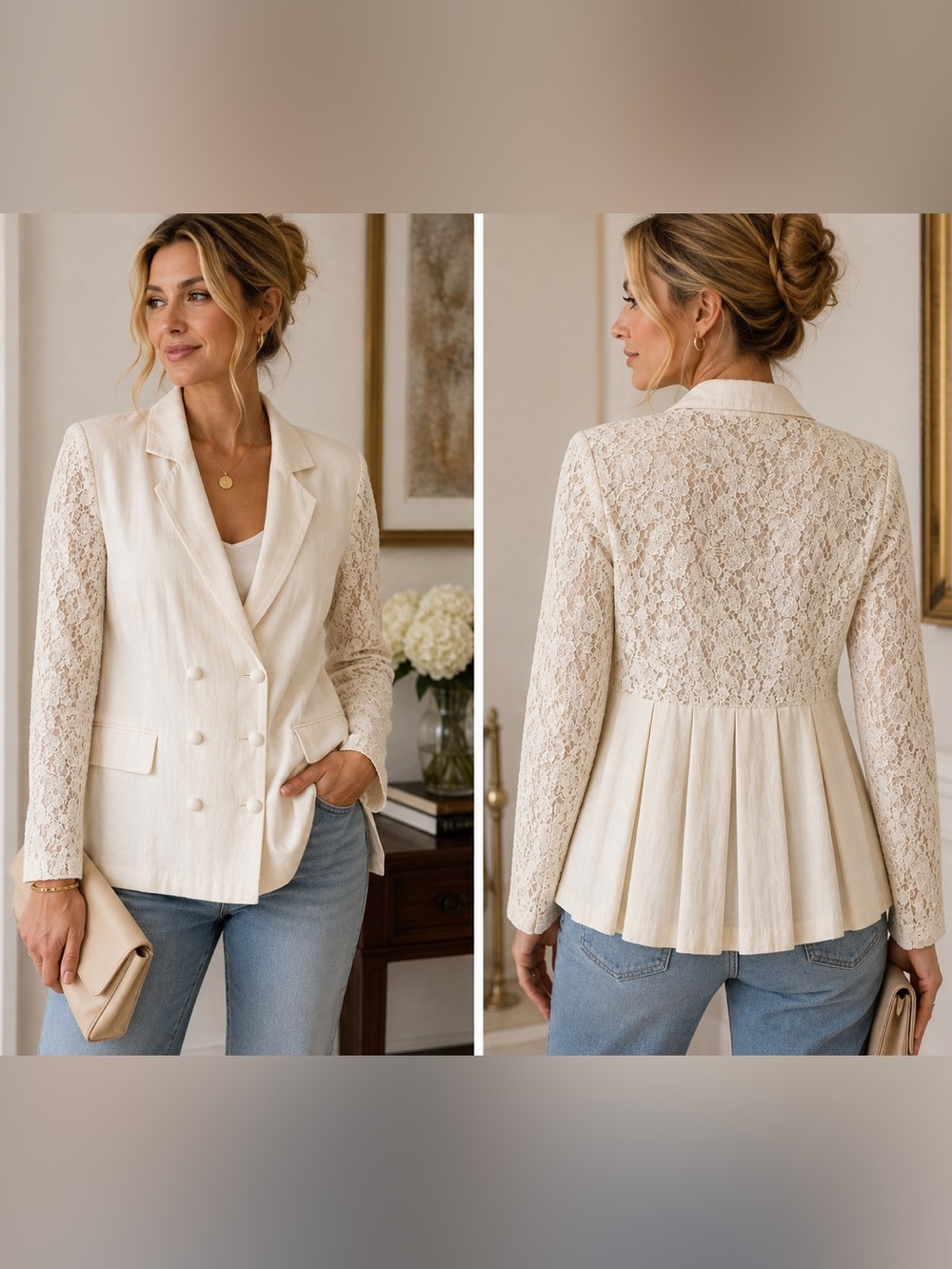 Women's Lace-Back Double-Breasted Cream Blazer